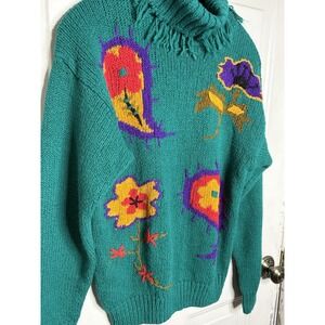 Vintage Sweater Women's M Teal Colorful Paisley Knit Fringe Grandma Kitsch Soft
